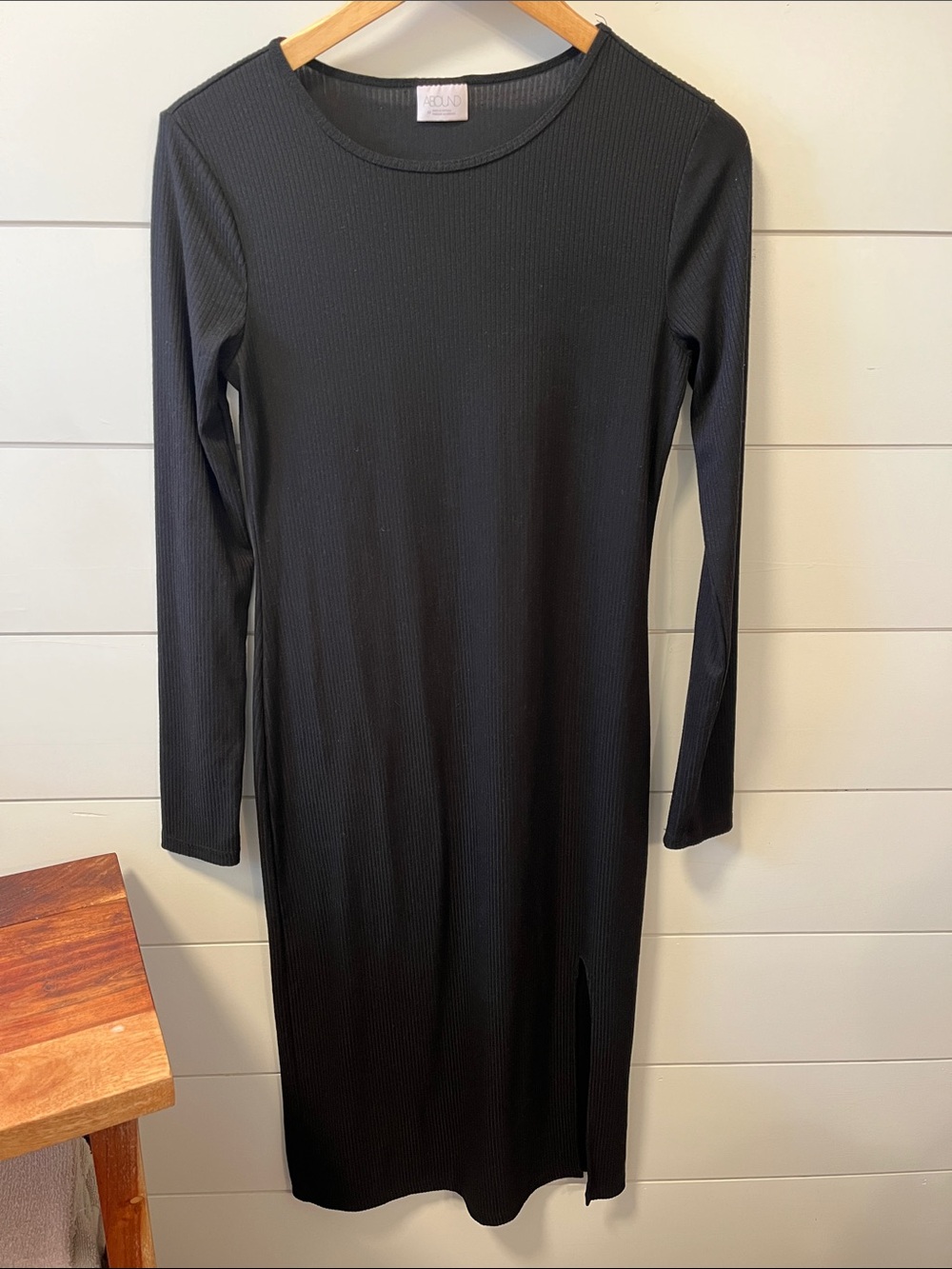 Abound Black Ribbed Long-Sleeve Midi Dress with Side Slit